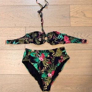 Tropical Floral High-Waist Bikini Set - Black Base with Green & Pink Print